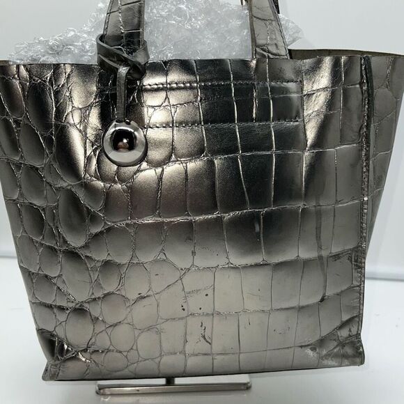 Furla Croco Embossed Metallic Leather Diagonally Divided Three Pocket Tote Bag - Picture 1 of 16